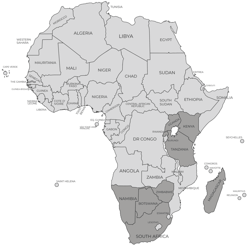 Silver Sengi map of travel locations in Africa